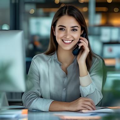Sara am Schreibtisch mit Telefon und Baustoffdokumenten in einem freundlichen Büro
