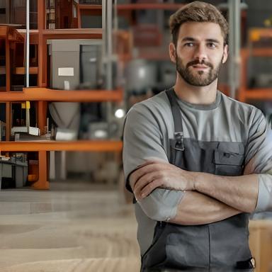 Mörtel-Manu in der Produktion neben einem Mischwerk und fein abgestimmten Rohstoffen