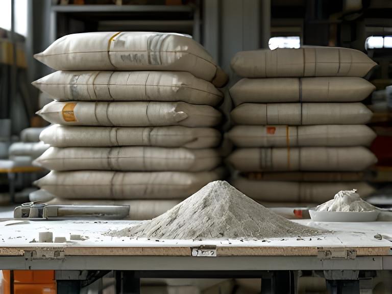 Industrieanlage mit Zementsäcken und Probemischung auf einem Prüftisch in Zürich