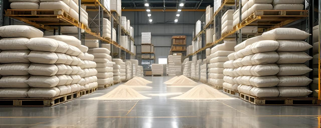 Staple of construction material sacks and powder samples in a bright Zurich warehouse with neatly labelled pallets