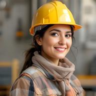 Kae Det, Bauleiterin, mit Helm vor einer Rohbaustelle